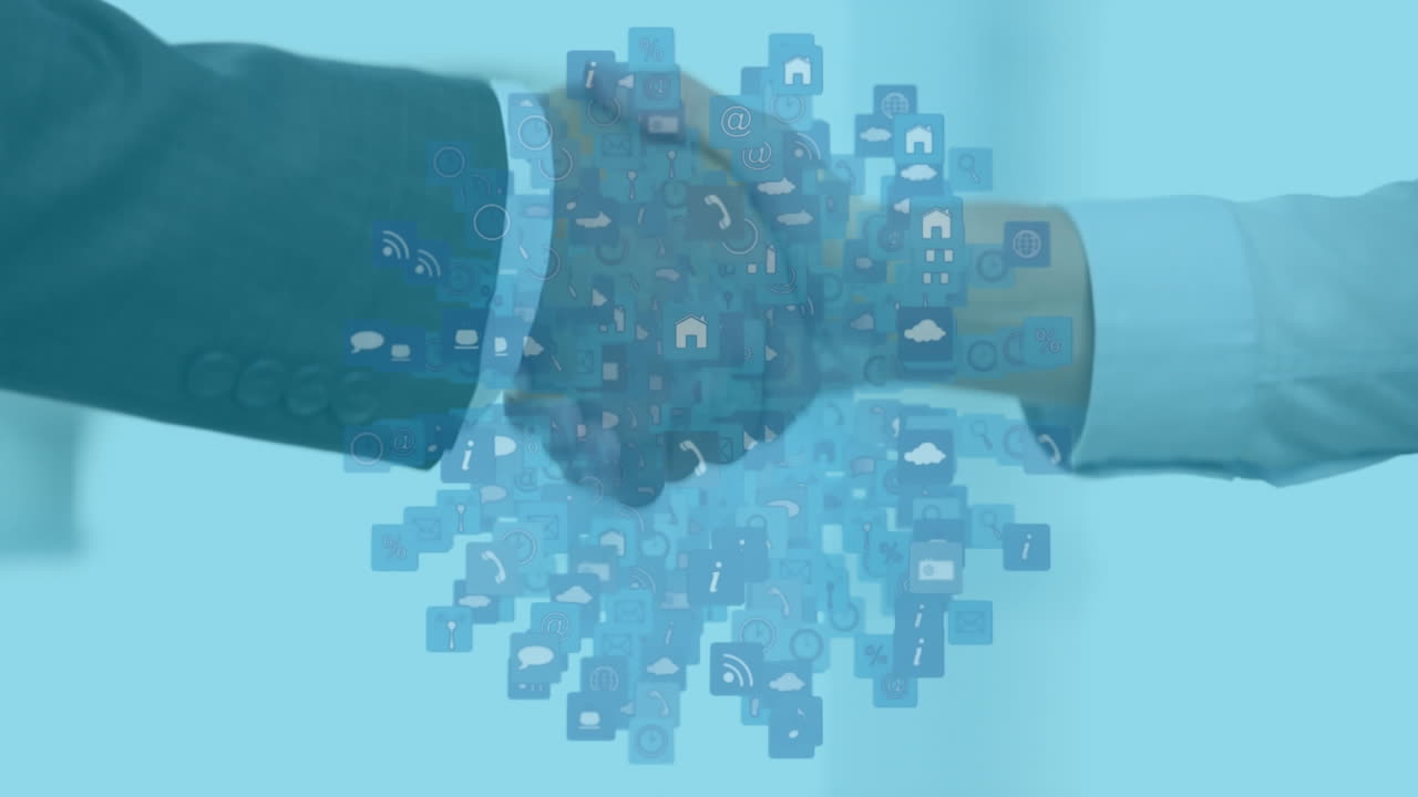 animación de dos personas de negocios que se dan la mano sobre un globo giratorio de iconos sociales