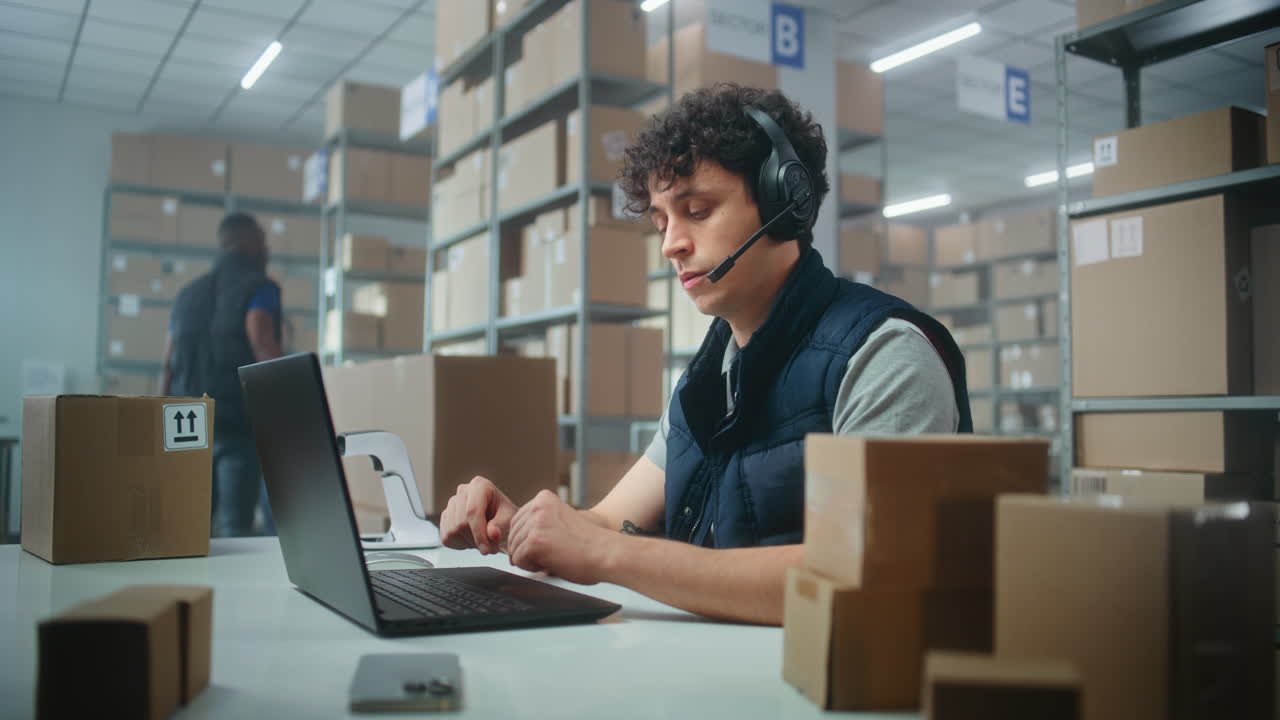 trabajador de almacén que utiliza portátil y auriculares