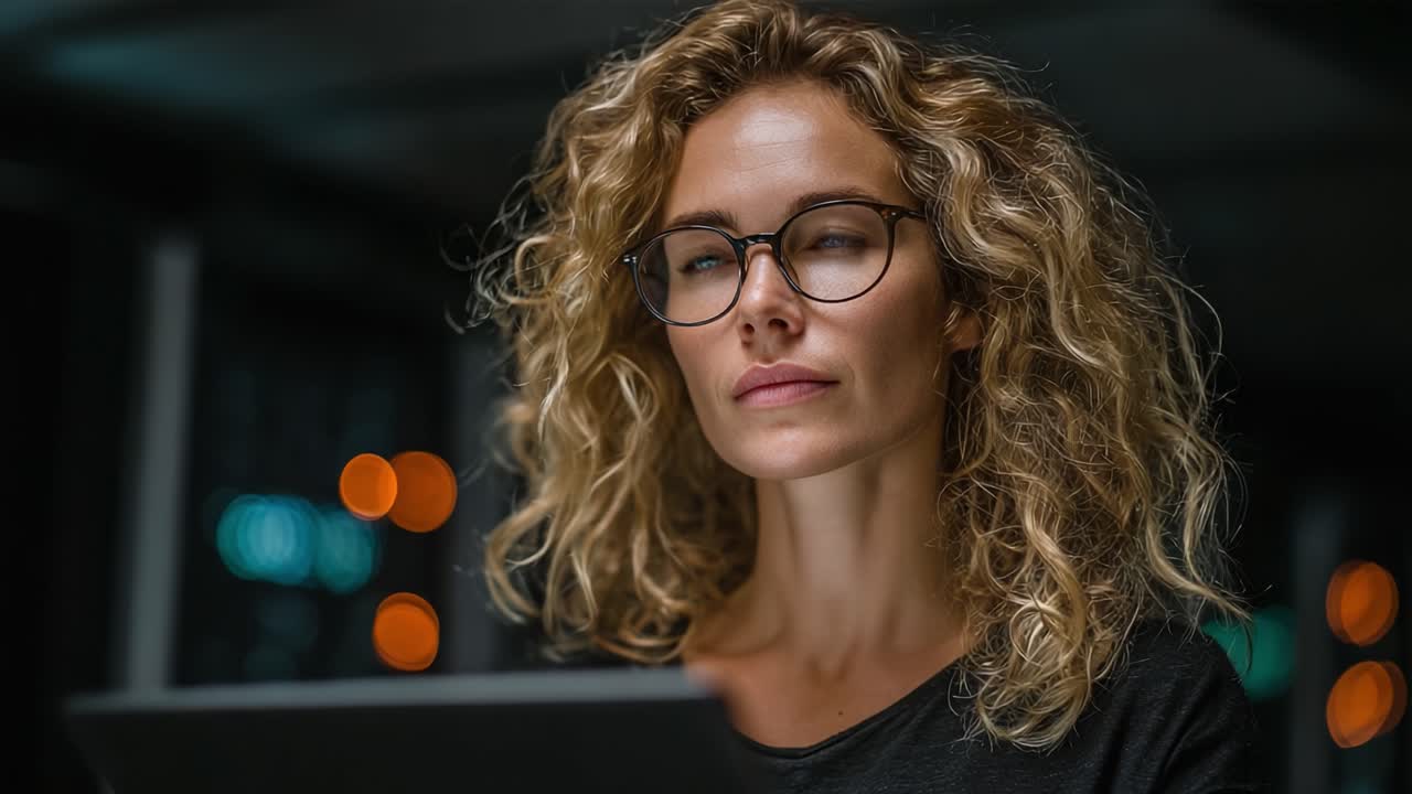 Focused Individual Analyzing Data on a Laptop in a Dimly Lit Environment with Glowing Lights in the Background, Capturing the Essence of Concentration and Innovation