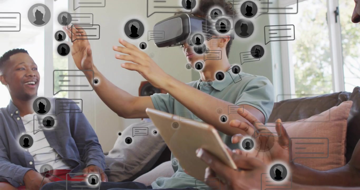 VR user donning headset and picking tablet in living-room tech demo swiping chats organizing icons