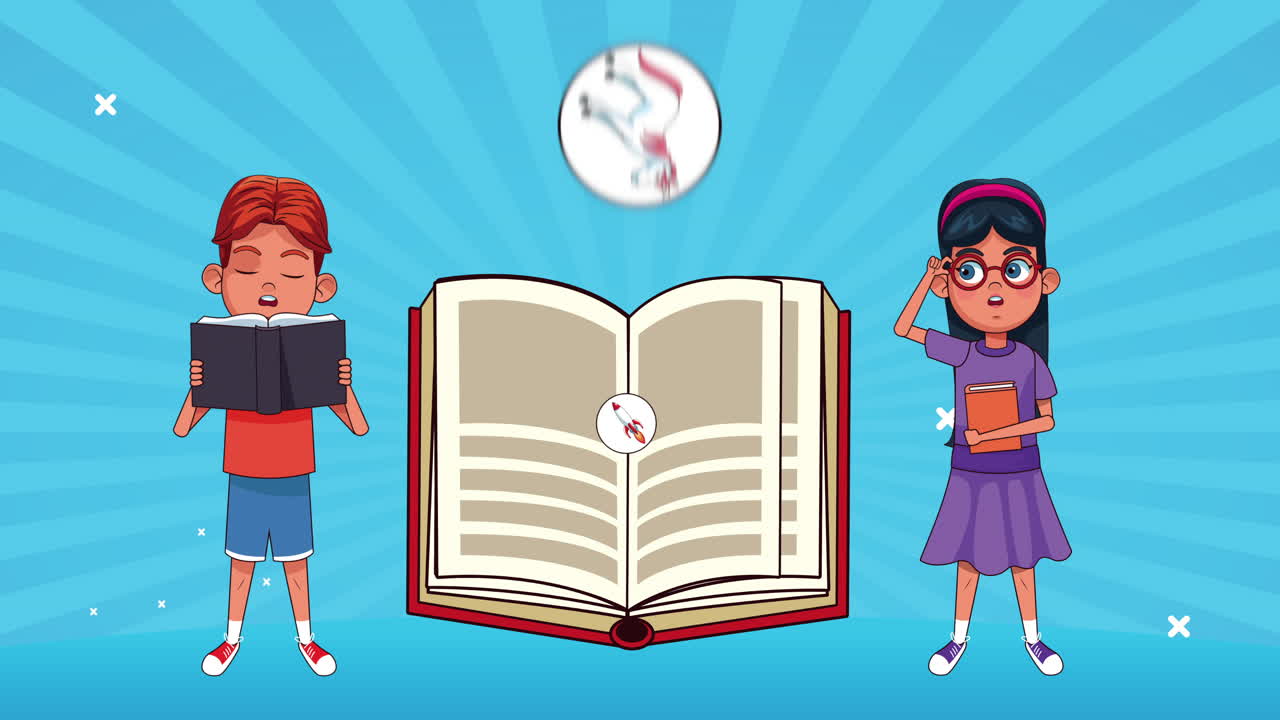 niños pequeños estudiantes leyendo libros con iconos de fantasía personajes animados