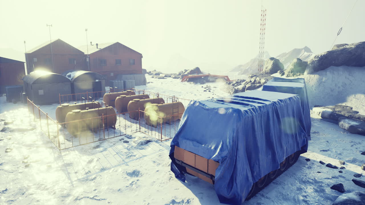 Remote research station surrounded by icy landscapes during winter