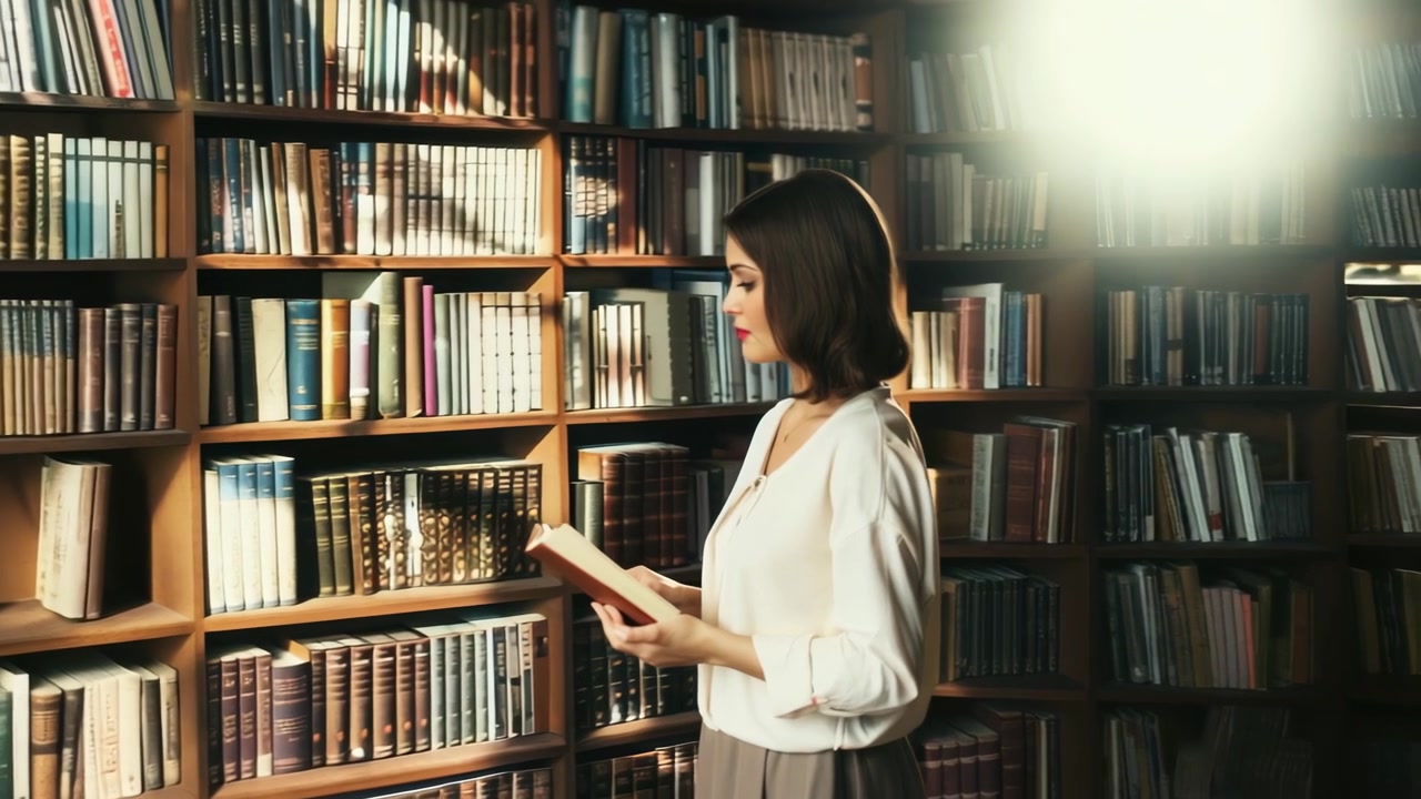 Thoughtful Woman Reading a Book in a Classic Library