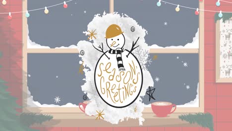 Animation-of-seasons-greetings-christmas-text-over-snowman-and-winter-snowy-window