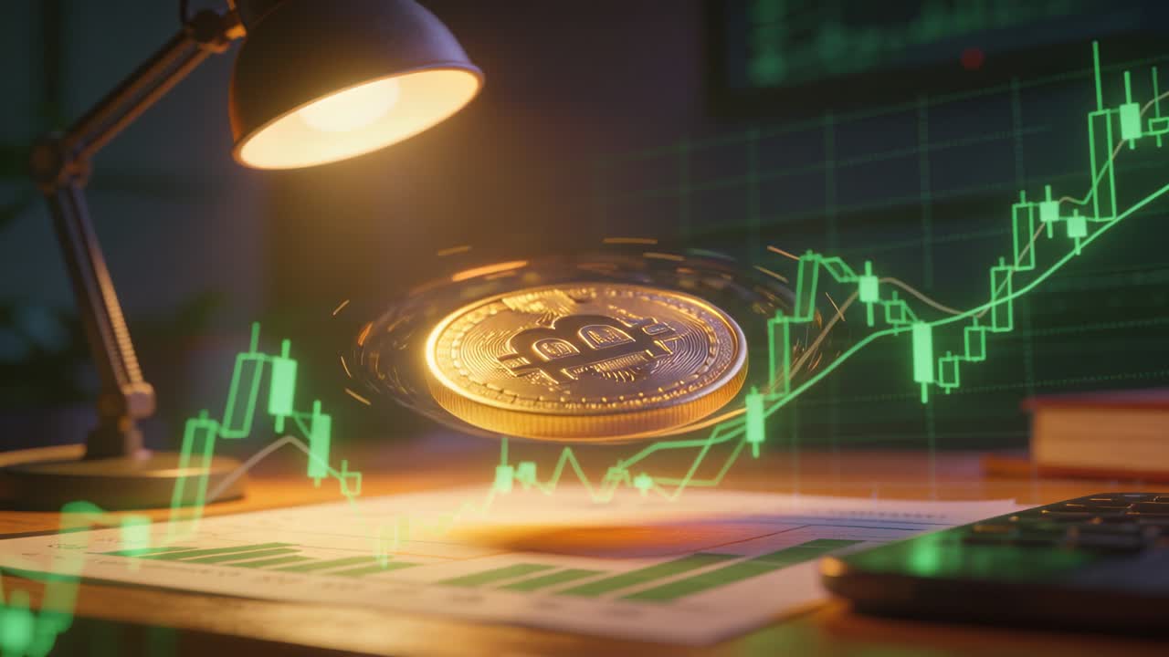 Lâmpada iluminando uma moeda de Bitcoin dourada levitando e girando acima de gráficos em uma mesa de madeira, enquanto o preço sobe.