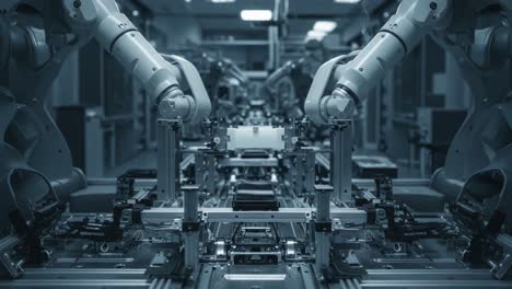 a high-tech manufacturing facility showcasing advanced robotic arms collaborating in an automated production line process with precision and efficiency
