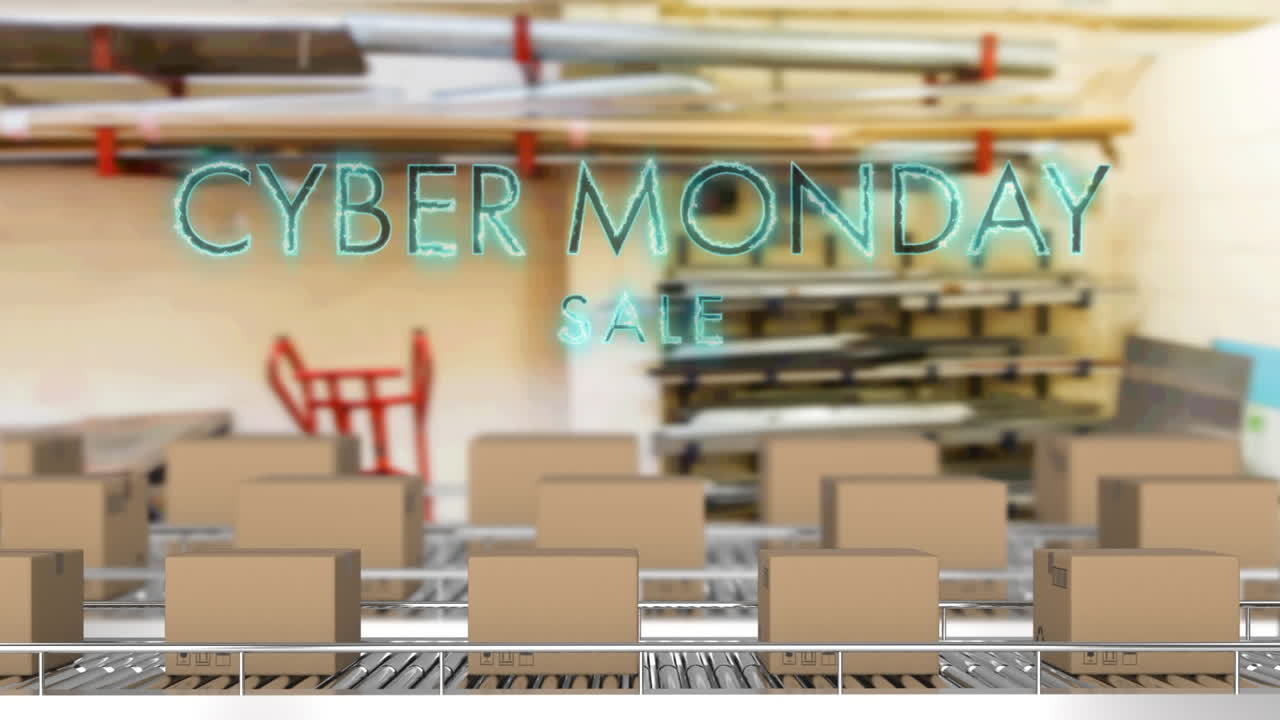 animación del texto de venta del lunes cibernético sobre cajas de cartón en cintas transportadoras