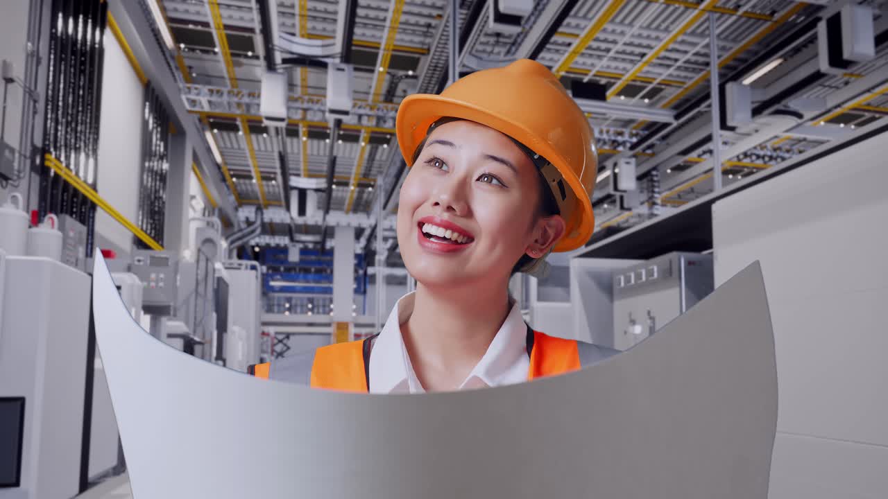 현대 공장에서 계획을 검토하는 여성 엔지니어