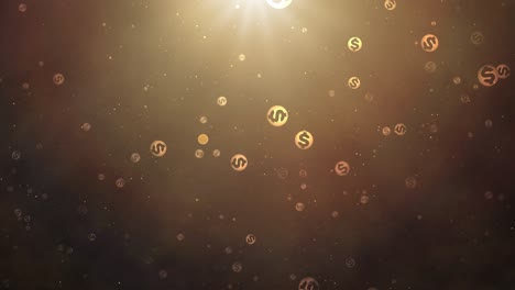 glowing shiny golden dollar coins falling in a seamless loop representing wealth, finance, and prosperity