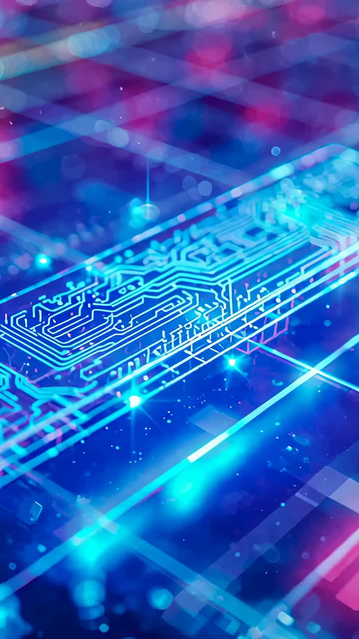 Vertical video: Zooming camera centering on PCB pulsing paths lighting nodes on grid to show chip