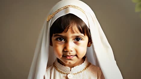 portrait of a smiling young girl in a white dress and head scarf