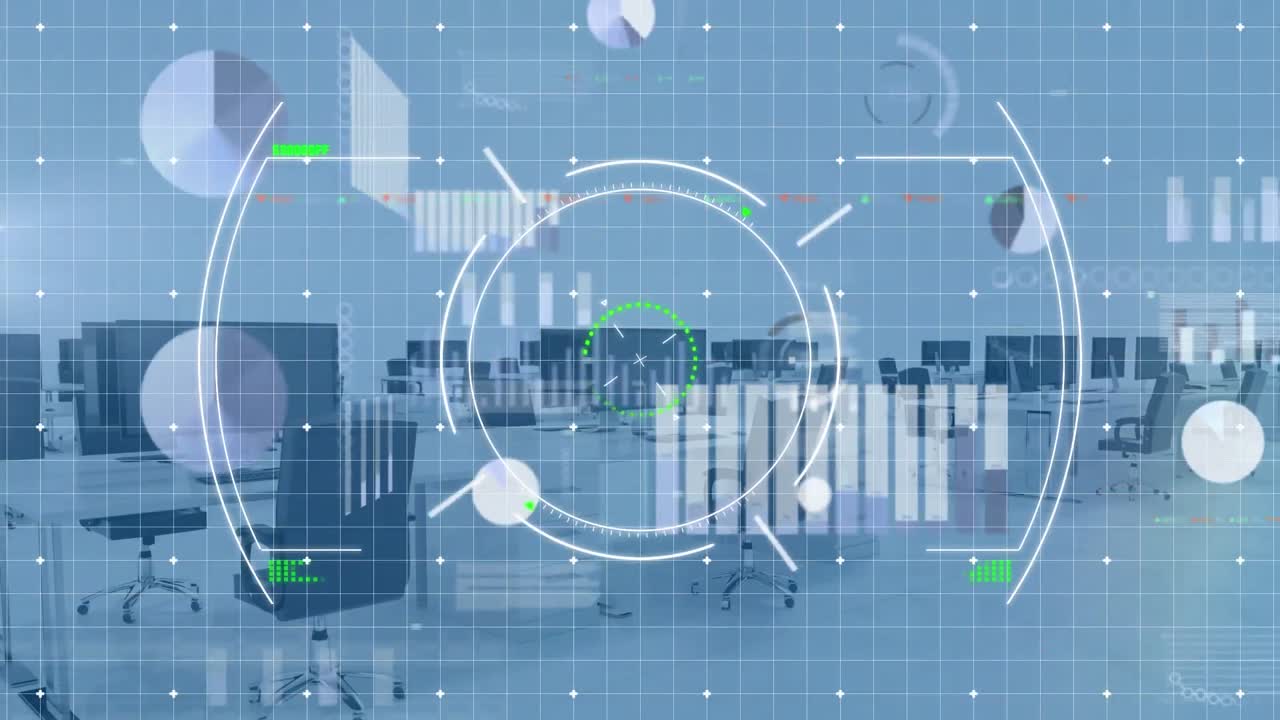 Animation of scope scanning and data processing over empty office