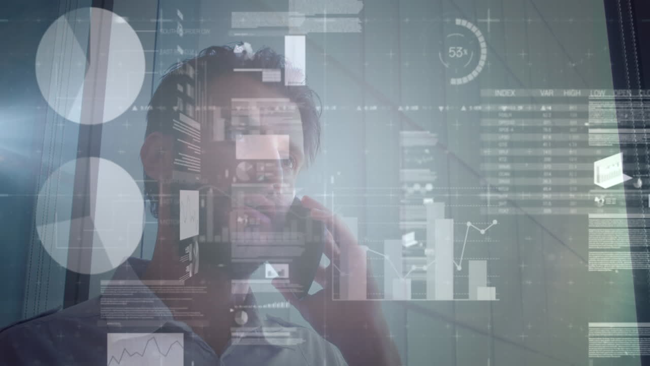 Animation of financial data processing over man using smartphone