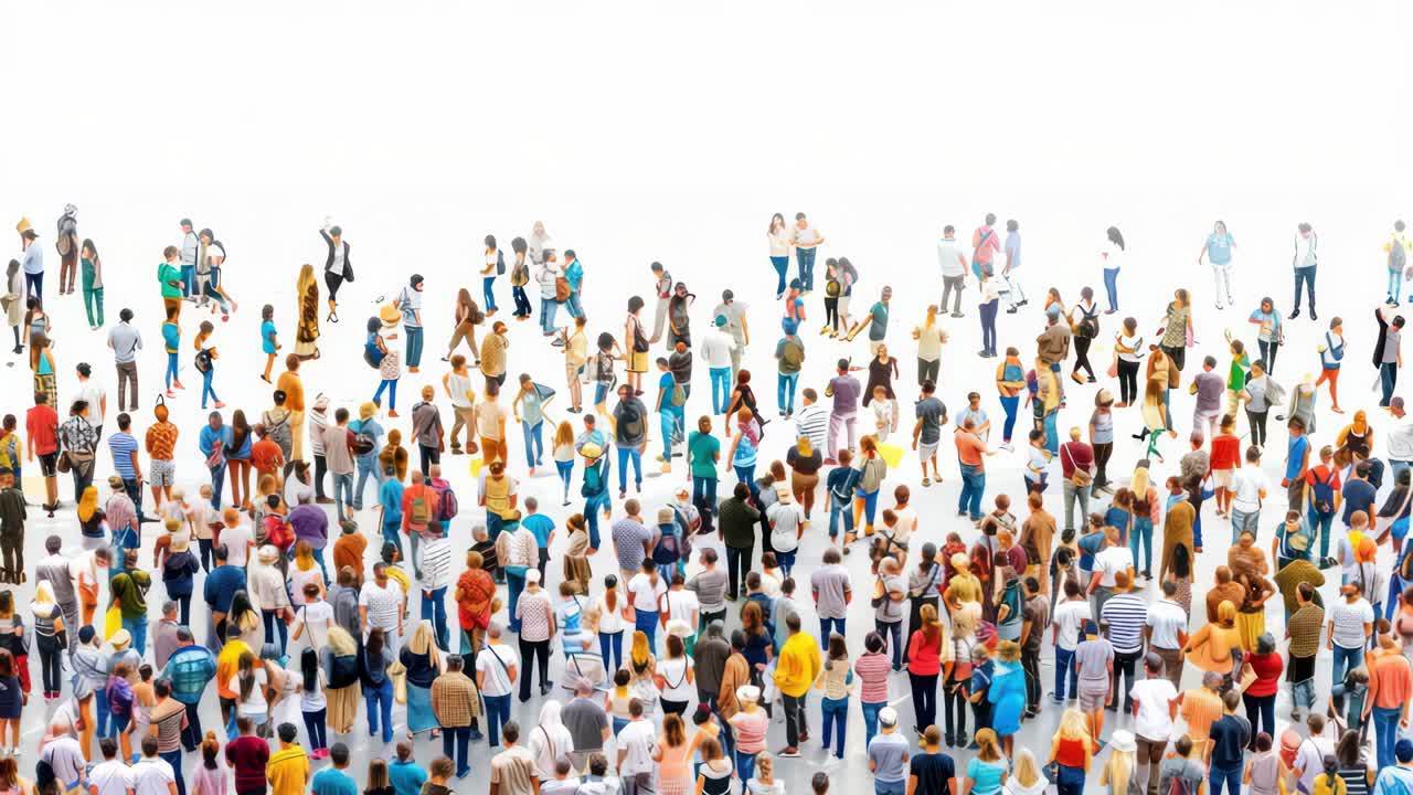 High-angle video concept of a diverse crowd walking on a white background, capturing movement