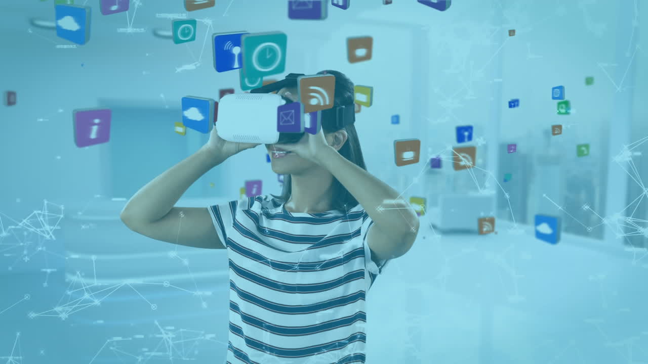 animación de una mujer caucásica con auriculares vr sobre iconos sociales flotando