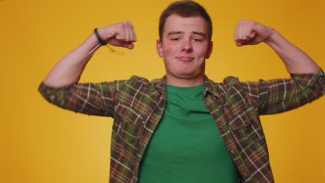 man showing biceps and looking confident, feeling power strength to fight for rights, success win