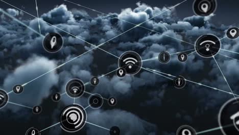 Animation-of-network-of-connections-with-icons-over-sky