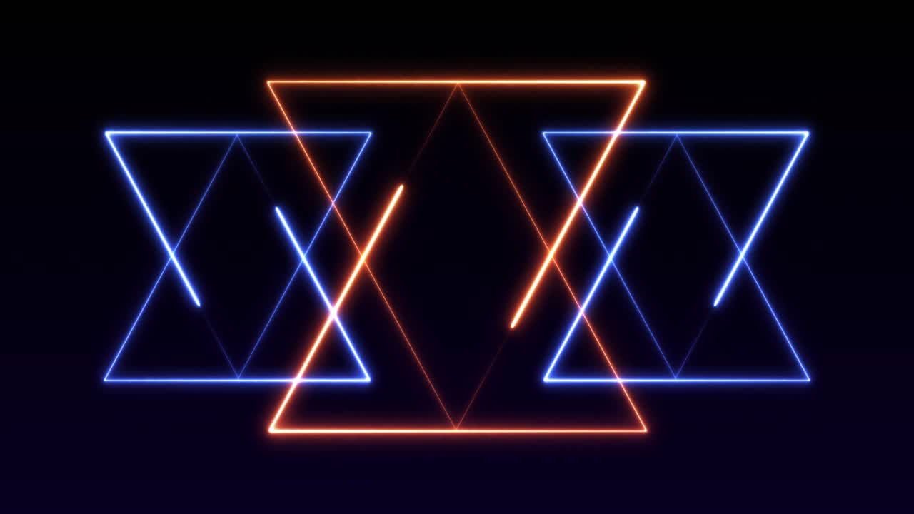 animación de triángulos azul neón y naranja brillantes que se mueven en un bucle sin costuras sobre un fondo negro