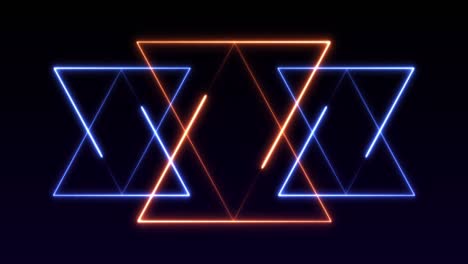 Animation-of-glowing-neon-blue-and-orange-triangles-moving-on-seamless-loop-on-black-background