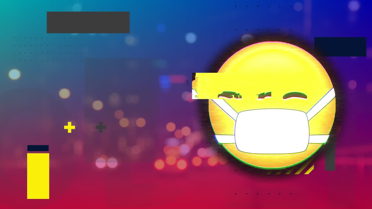 Animaatio emoji-kuvakkeesta ja datankäsittelystä kaupunkikuvan yllä