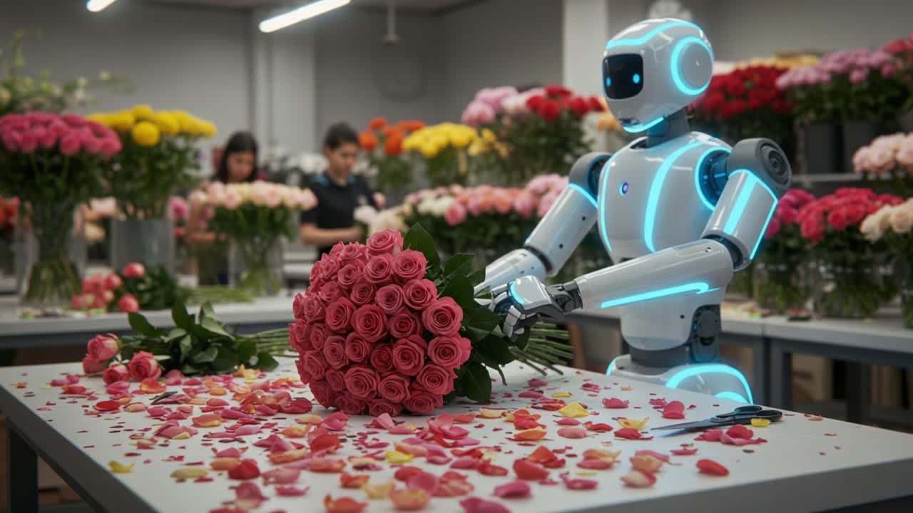 A Futuristic Robot Arranging Beautiful Pink Roses in a Floral Workshop Surrounded by Colorful Bouquets in a Modern Space