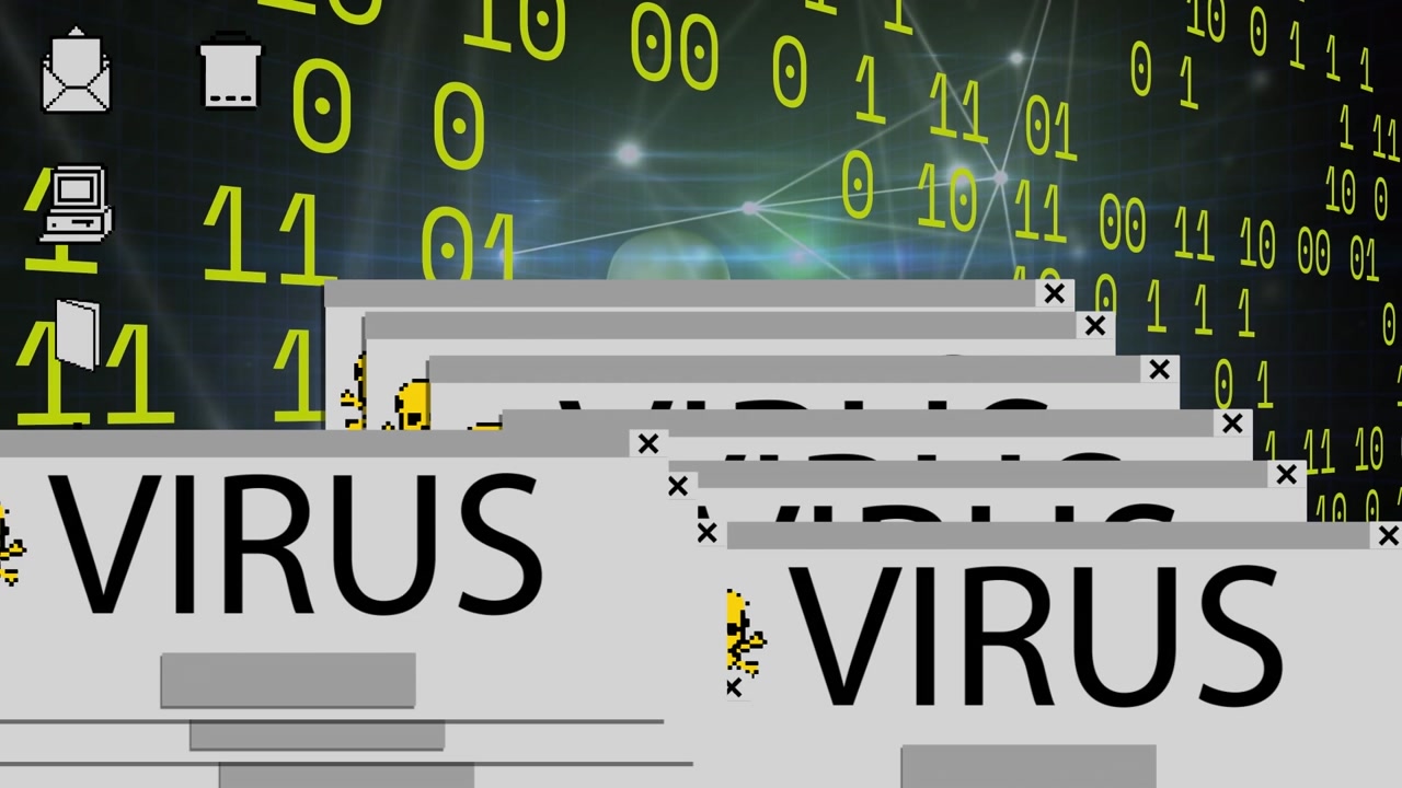 Animation of multiple virus tabs over binary coding and network of connections over human body model