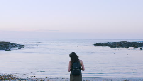 travel, beach and woman with ocean mockup