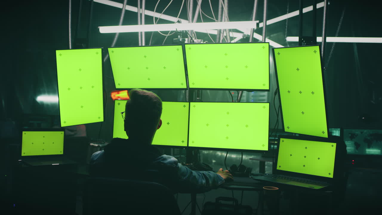 Person at a multi monitor workstation in a dark room