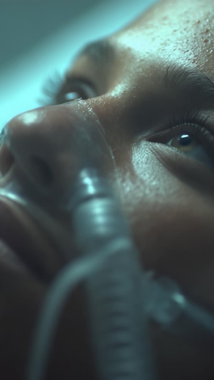 Close-Up Examination of Patient's Face During Medical Procedure with Focus on Breathing Apparatus and Intense Eyes, Capturing Emotion and Vulnerability in Critical Care Environment