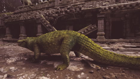 un cocodrilo explorando antiguas ruinas en una densa jungla