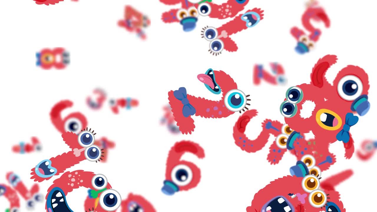Vibrant monster-themed letters animate dynamically across a white background, creating a lively and whimsical visual experience
