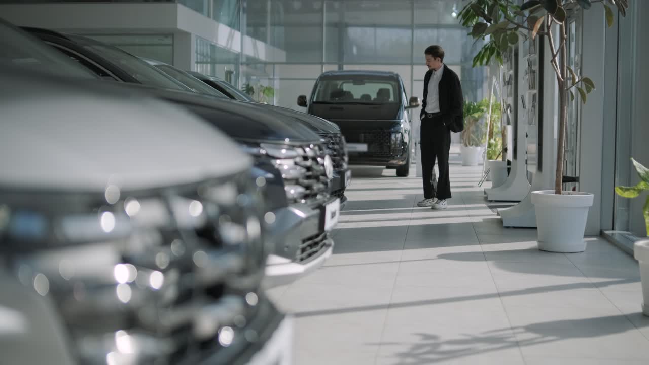 Cars in a dealership with a man