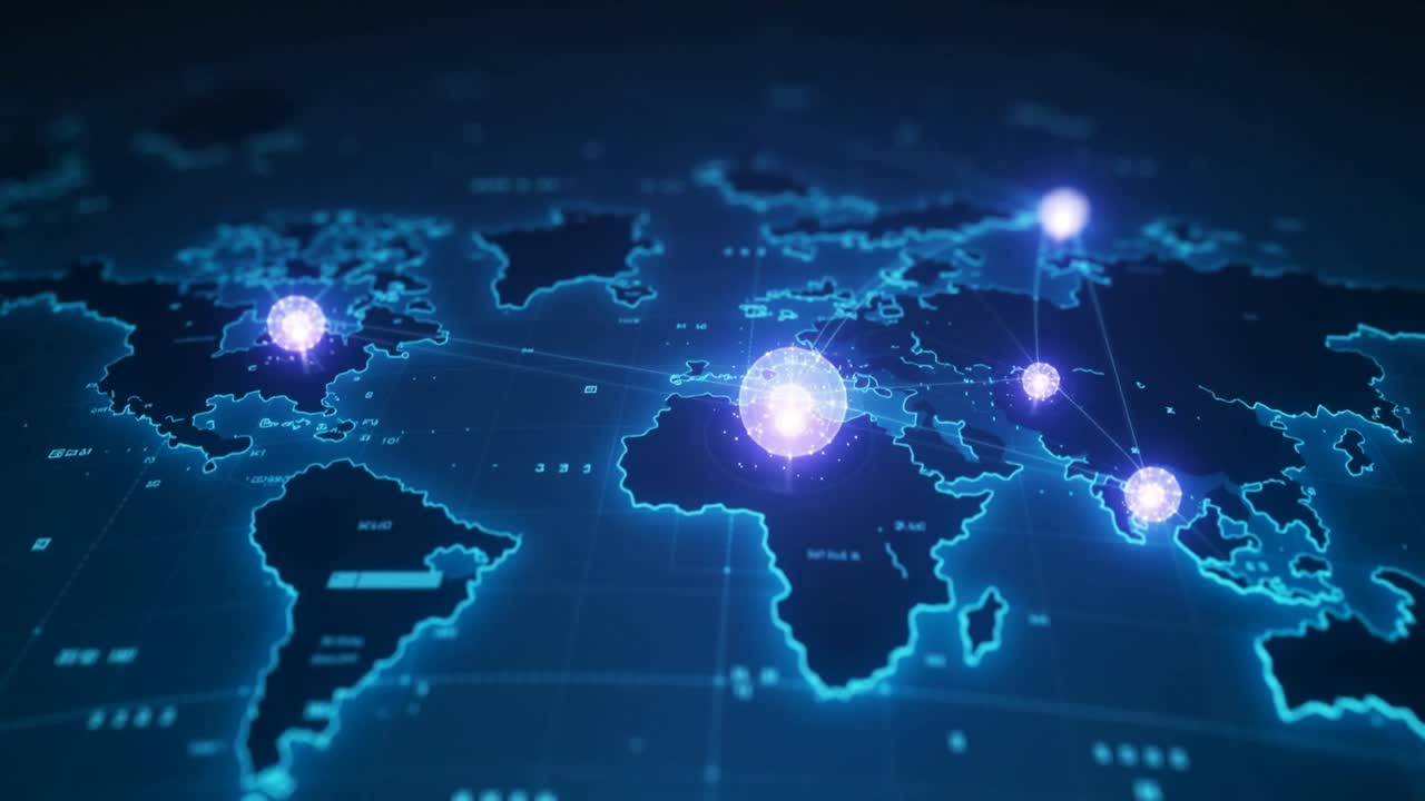 Animating visual pulsing central node and drawing light beams on gridded map, showing global links