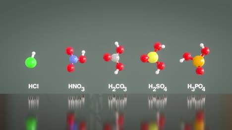 seamless loop of rotating models of acid molecules hcl, hno3, h2co3, h2so4 and h3po4. atom colors: hydrogen white, carbon grey, nitrogen blue, chlorine green, oxygen red, sulfur yellow, phospor orange.