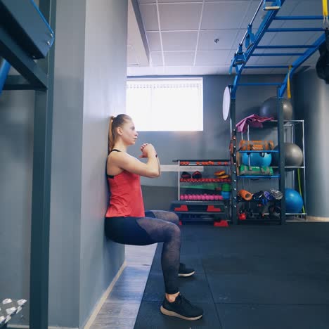 young woman doing workout indoors. sporty female standing in special pose near the wall on the fitness club background.