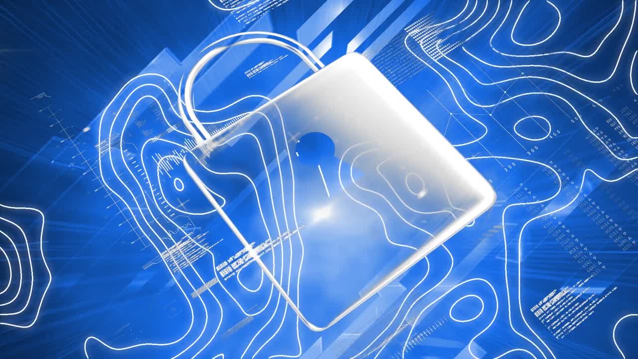 데이터 처리 및 파란색 배경에  ⁇  라인과 함께  ⁇ 락의 애니메이션