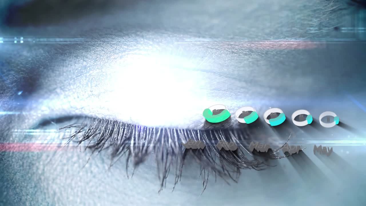 Animation of statistical data processing and globe of digital icons over close up of female eye