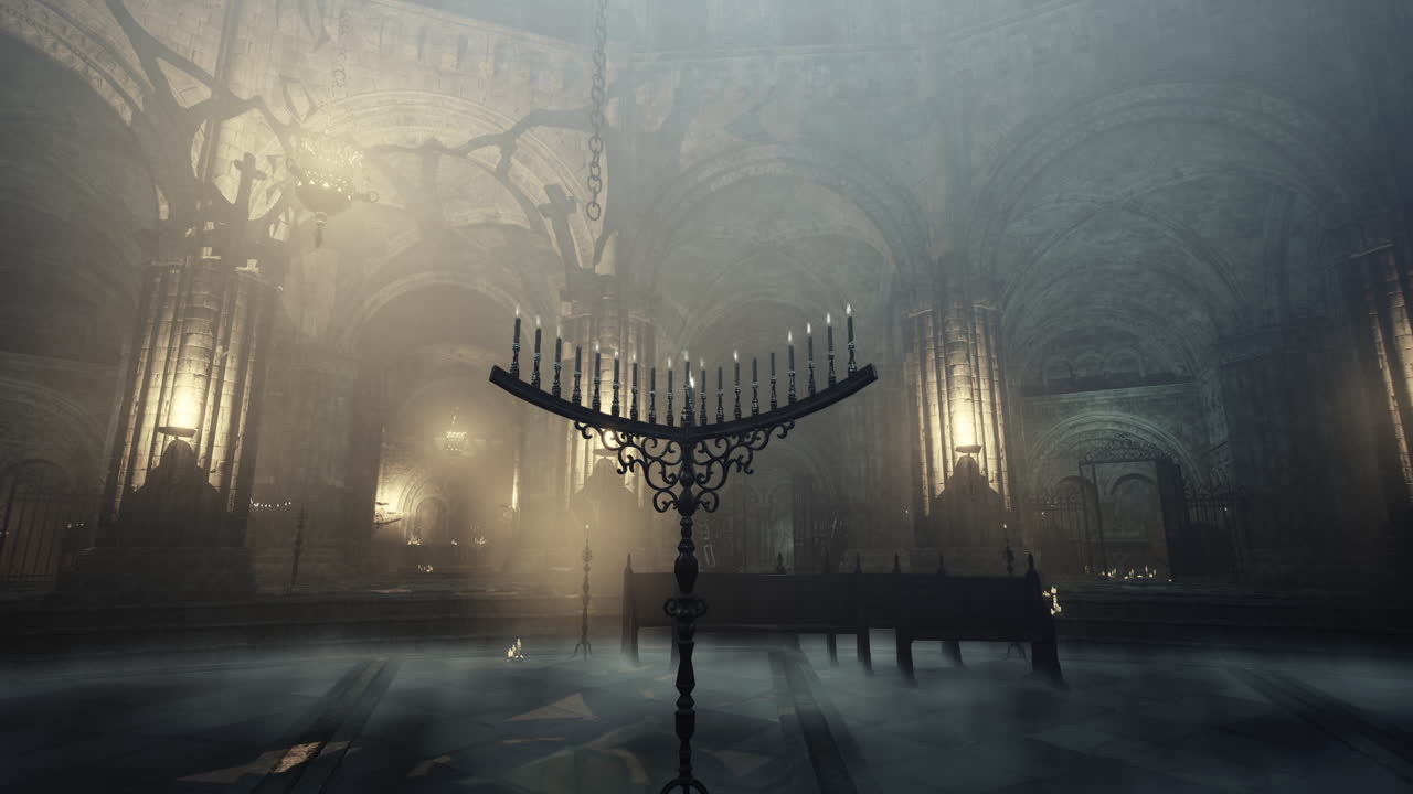 Mysterious inner chamber with candle holder and atmospheric lighting effects