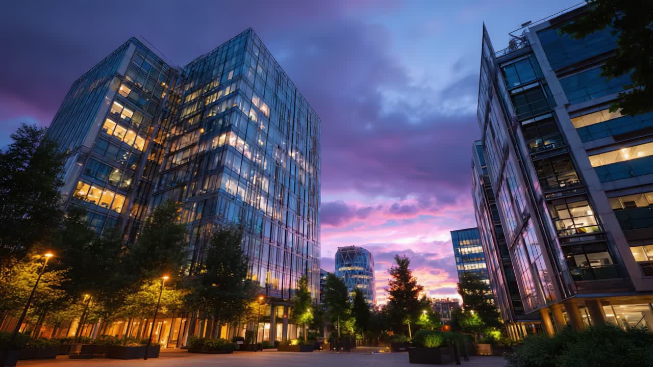 Paisagem urbana ao anoitecer: edifícios de vidro modernos exibem iluminação e arquitetura impressionantes contra um céu colorido em transição para a noite