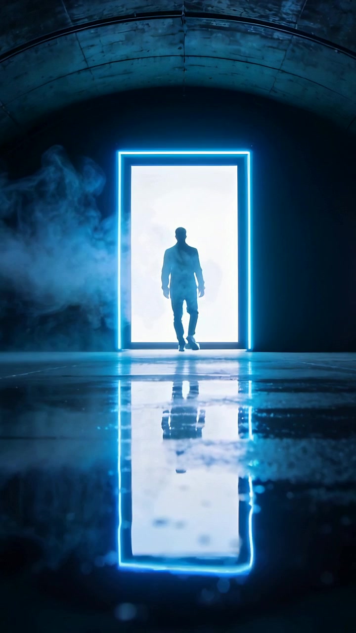 Vertical video: Walking man wearing dark jacket forward from neon doorway for dramatic reveal, fog