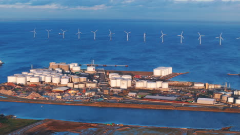 aerial shot looking towards copenhagen off shore wind farm