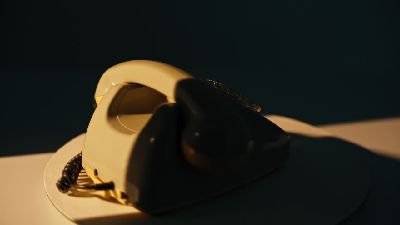 Retro phone rotating desk demonstrating old style communication device closeup