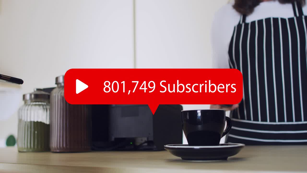 Woman tapping phone at POS in cafe, subs count above cup updating to 1,000,000 celebrating lifting
