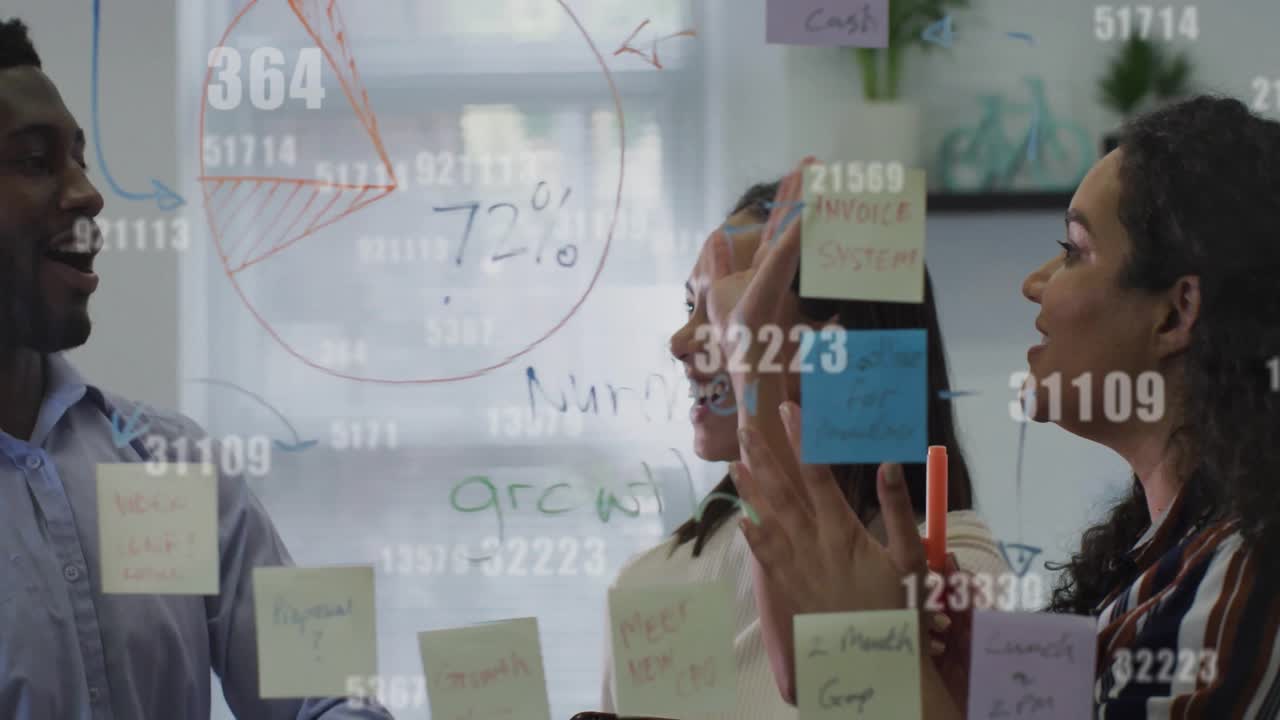 Animation of data processing over diverse business people in office