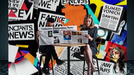 people reading newspapers in a modern art setting