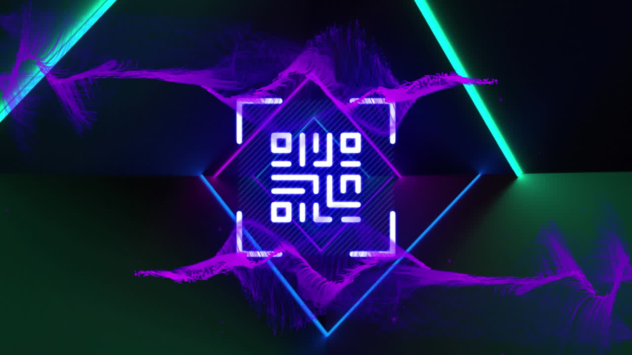 QR code scanner with neon elements against light trails
