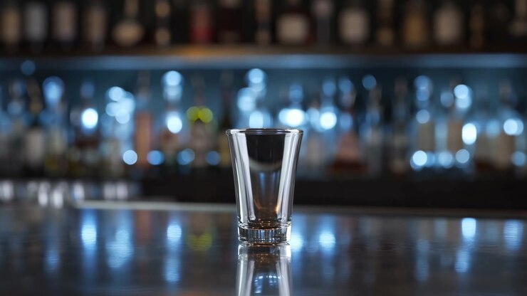 Un'inquadratura statica dal basso che guarda verso un bancone da bar con bottiglie e bicchieri in un ambiente interno neutro e professionale con toni blu e bianchi. Questa scena è commerciale.