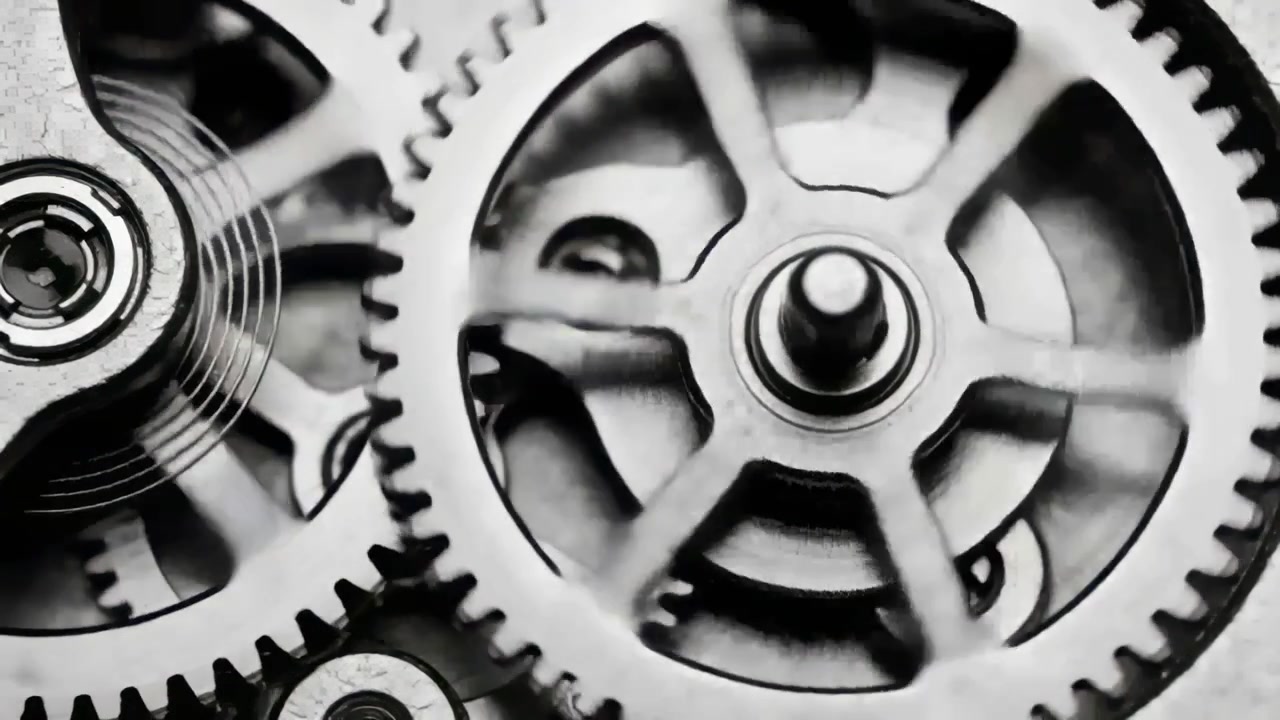 Engaging power, large spoked gear turning in gearbox, pinion meshing, spring moving, sending power
