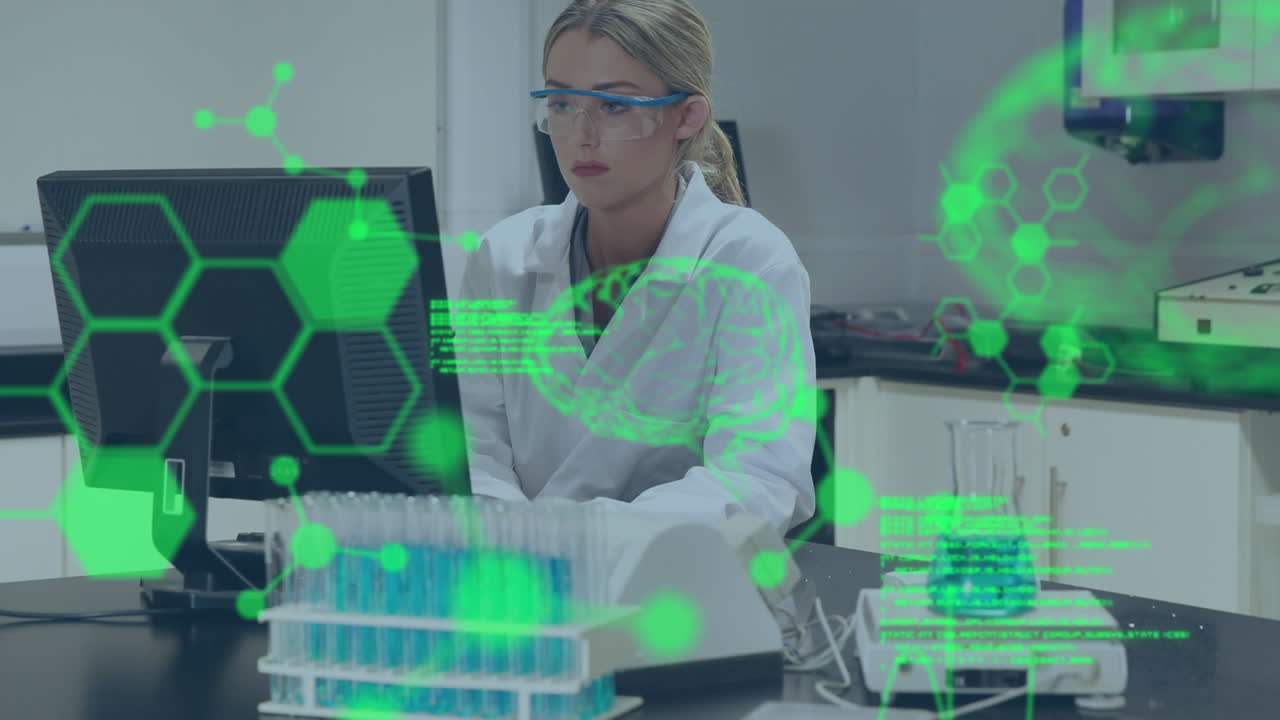 animación del procesamiento de datos, modelo digital del cerebro humano y moléculas sobre médico utilizando computadora