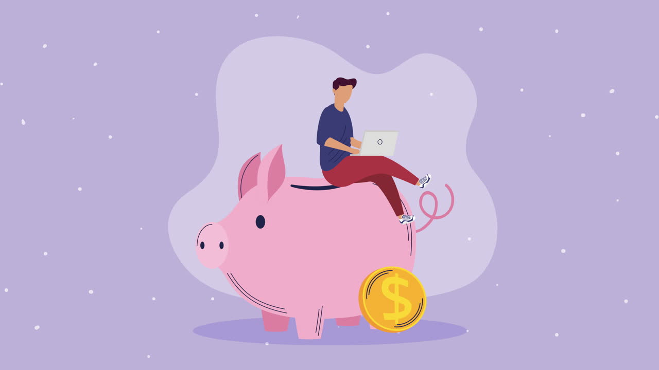 piggy savings with money and man animation
